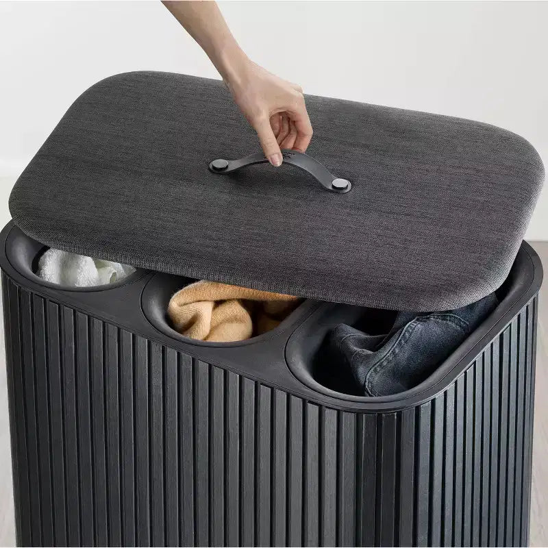 Panier à linge en bambou 90L avec séparation - Noir de carbone