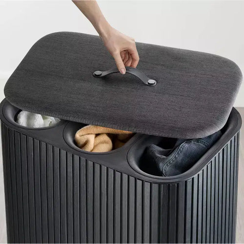 Panier à linge en bambou 90L avec séparation - Noir de carbone