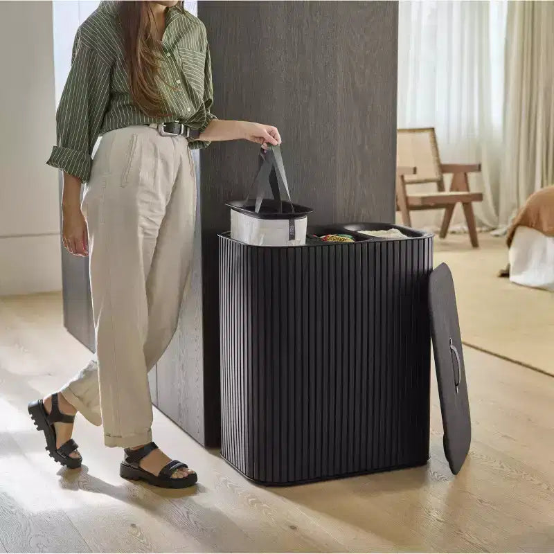 Panier à linge en bambou 90L avec séparation - Noir de carbone