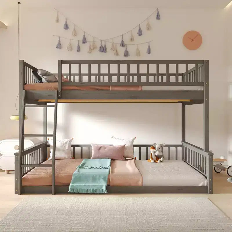 FAMYYT Queen Size Wood Bed?With Fence-shaped Guardrail ladder Easy Assembly