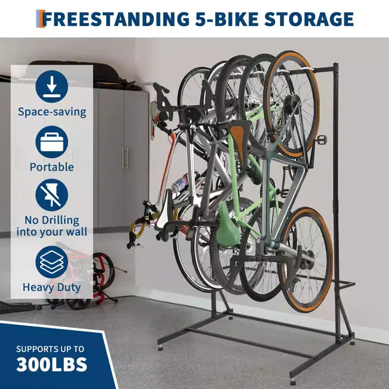 Support de rangement autoportant pour 5 vélos avec une capacité de 136 kg Organisateur robuste pour maintenir les vélos en toute sécurité et stabilité pour les jardins avant et arrière