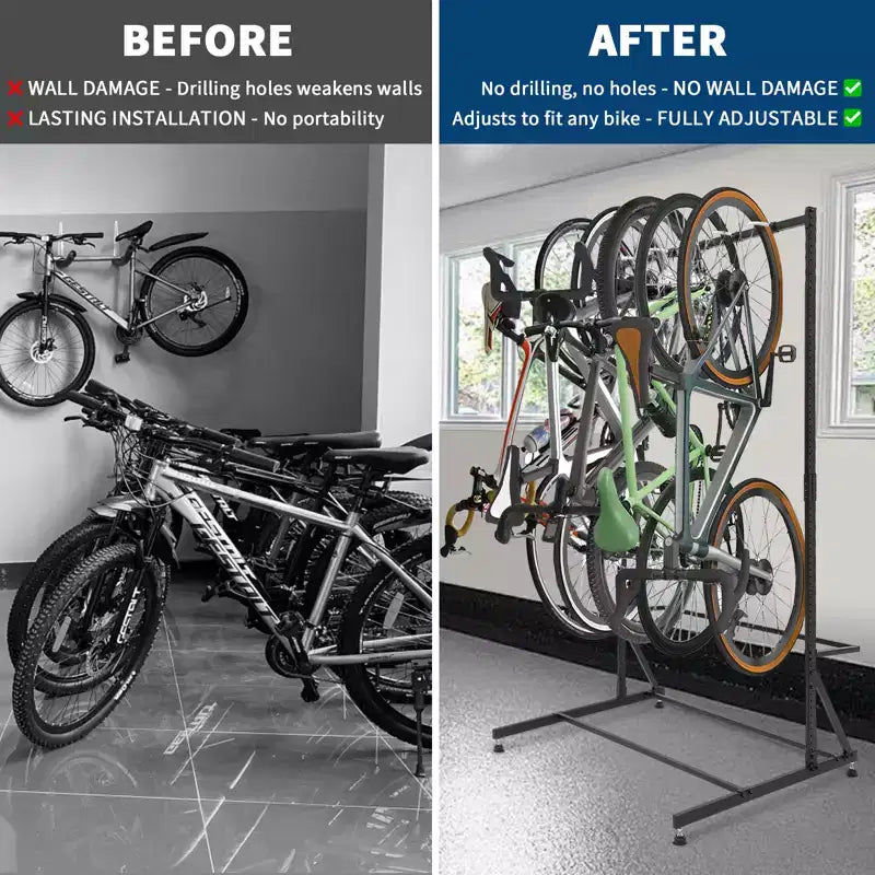 Support de rangement autoportant pour 5 vélos avec une capacité de 136 kg Organisateur robuste pour maintenir les vélos en toute sécurité et stabilité pour les jardins avant et arrière
