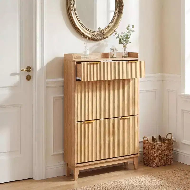 Narrow Fluted Wood Shoe Cabinet w/ 2 Flip Drawers & 1 Top Drawer Slim Freestanding Hidden Shoe Storage Rack w/ Adjustable Shelf for Entryway