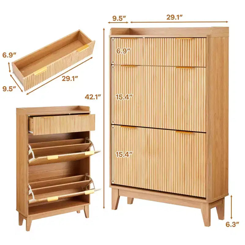 Meuble à chaussures étroit en bois cannelé