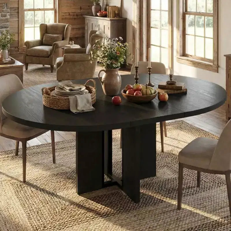 LinTimes 47-63 Extendable Round Dining Table Farmhouse Wooden Seats 4-8 Wider Leg & Sturdy Metal Support Space-Saver for Kitchen & Apartment