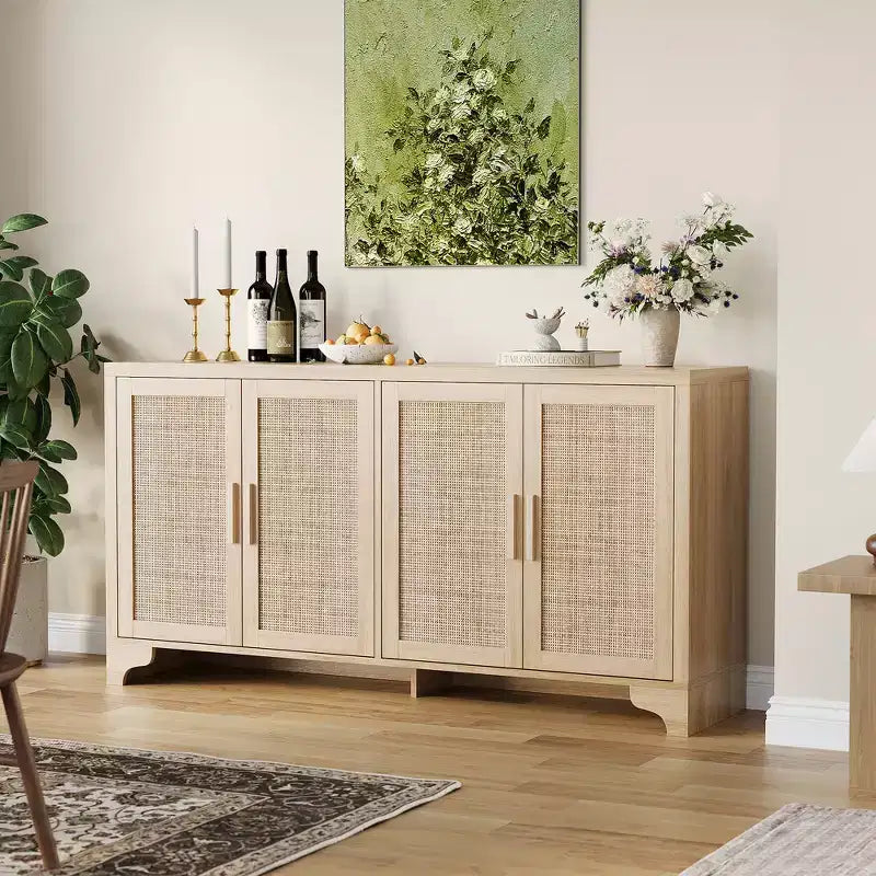Buffet de rangement en rotin naturel avec étagères, buffet 4 portes, meuble TV bohème, console pour la maison