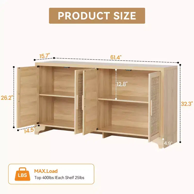 Buffet de rangement en rotin naturel avec étagères, buffet 4 portes, meuble TV bohème, console pour la maison