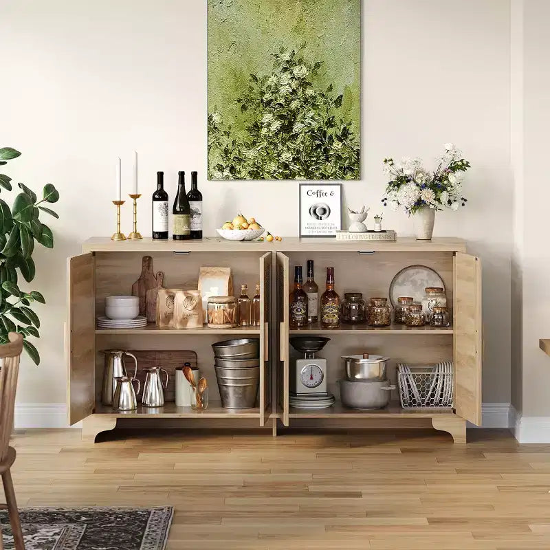 Buffet de rangement en rotin naturel avec étagères, buffet 4 portes, meuble TV bohème, console pour la maison
