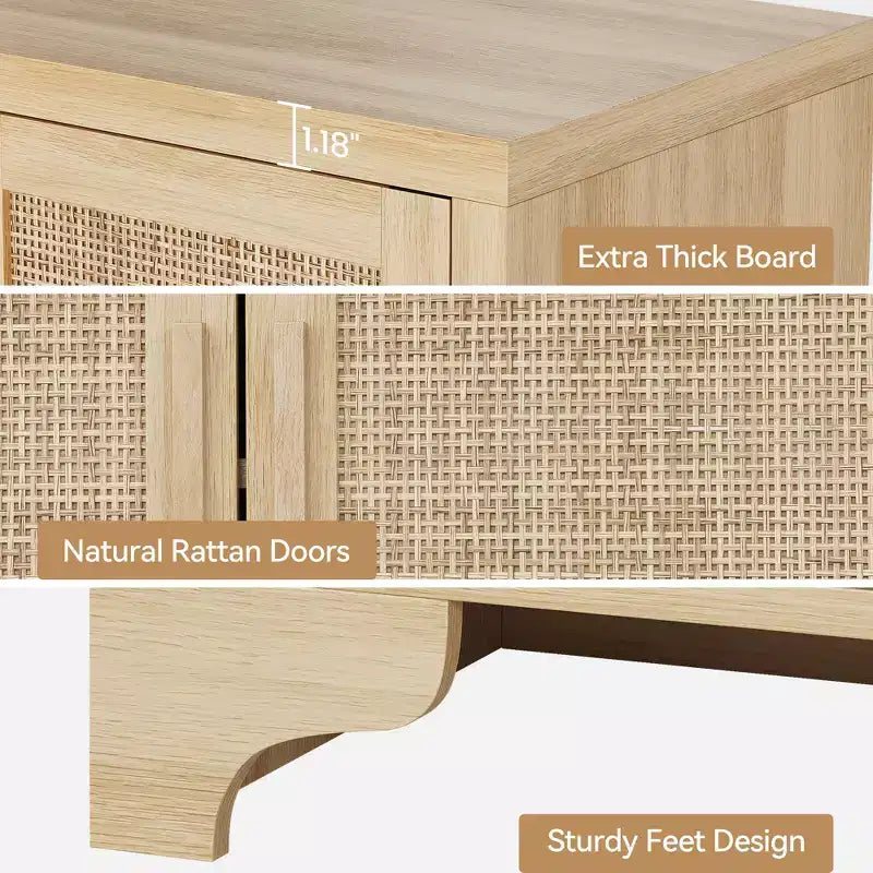 Buffet de rangement en rotin naturel avec étagères, buffet 4 portes, meuble TV bohème, console pour la maison