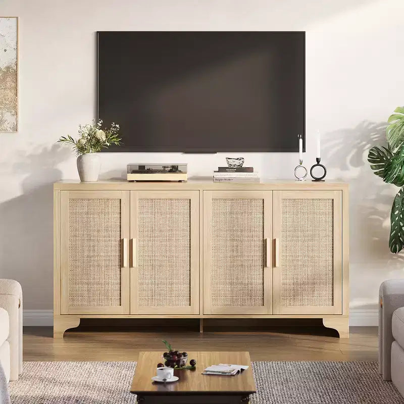 Buffet de rangement en rotin naturel avec étagères, buffet 4 portes, meuble TV bohème, console pour la maison