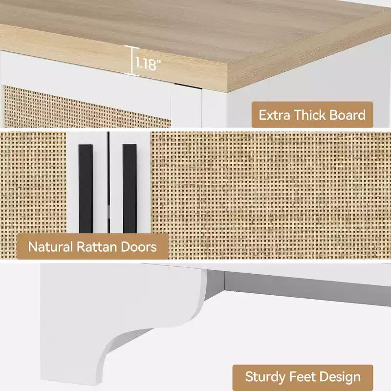 Buffet de rangement en rotin naturel avec étagères, buffet 4 portes, meuble TV bohème, console pour la maison