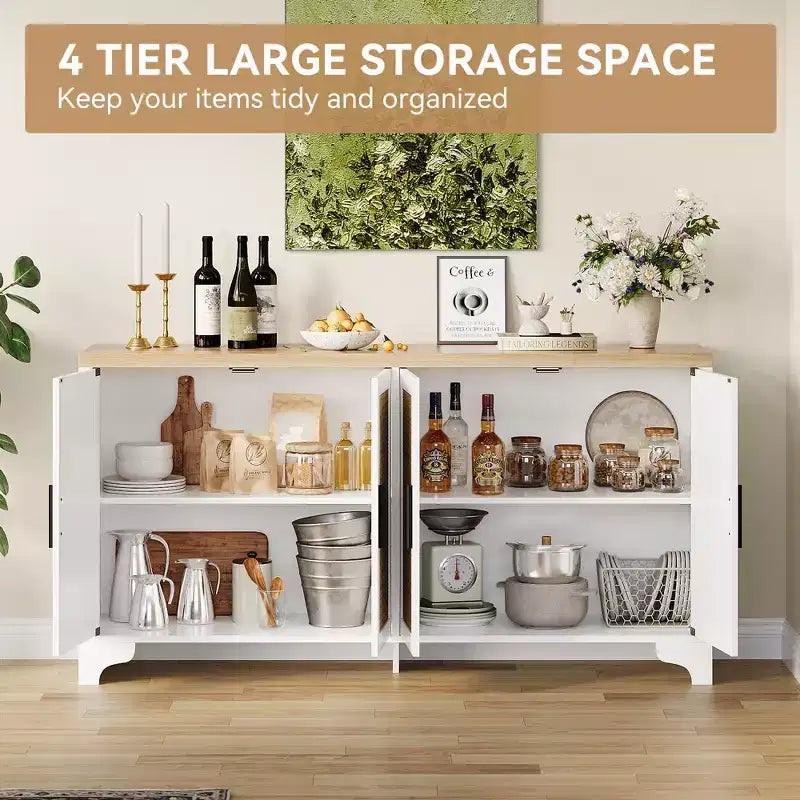 Buffet de rangement en rotin naturel avec étagères, buffet 4 portes, meuble TV bohème, console pour la maison