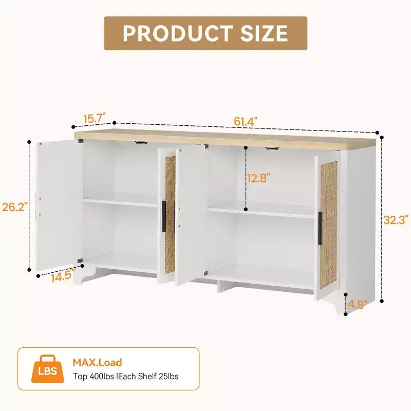 Buffet de rangement en rotin naturel avec étagères, buffet 4 portes, meuble TV bohème, console pour la maison