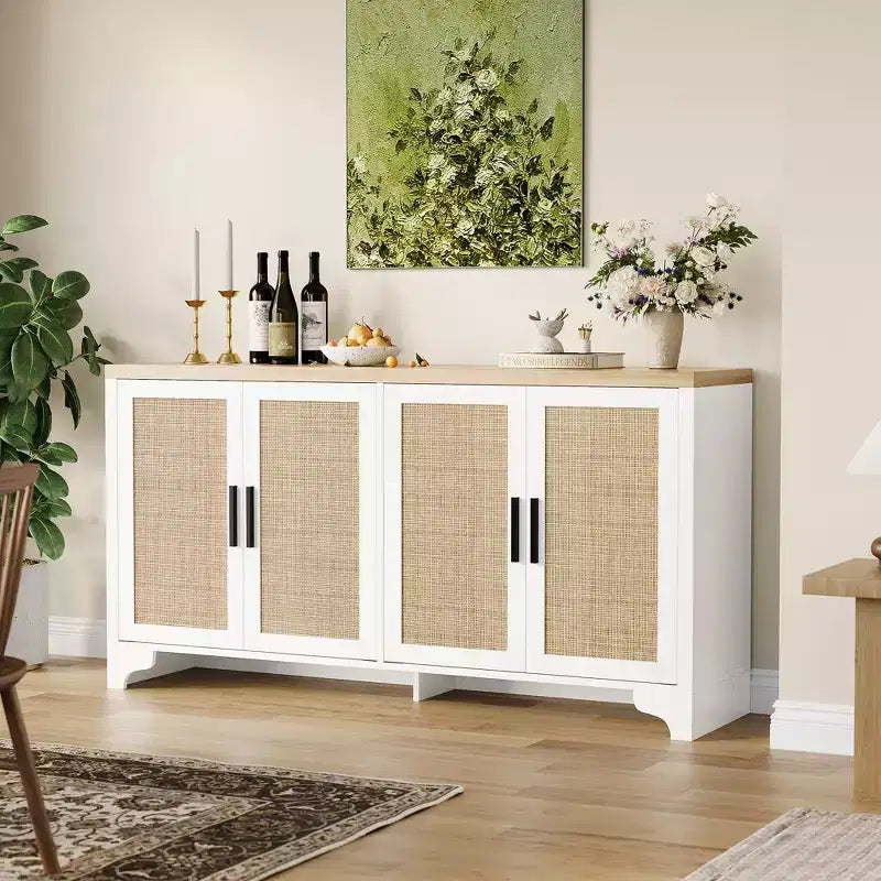 Buffet de rangement en rotin naturel avec étagères, buffet 4 portes, meuble TV bohème, console pour la maison