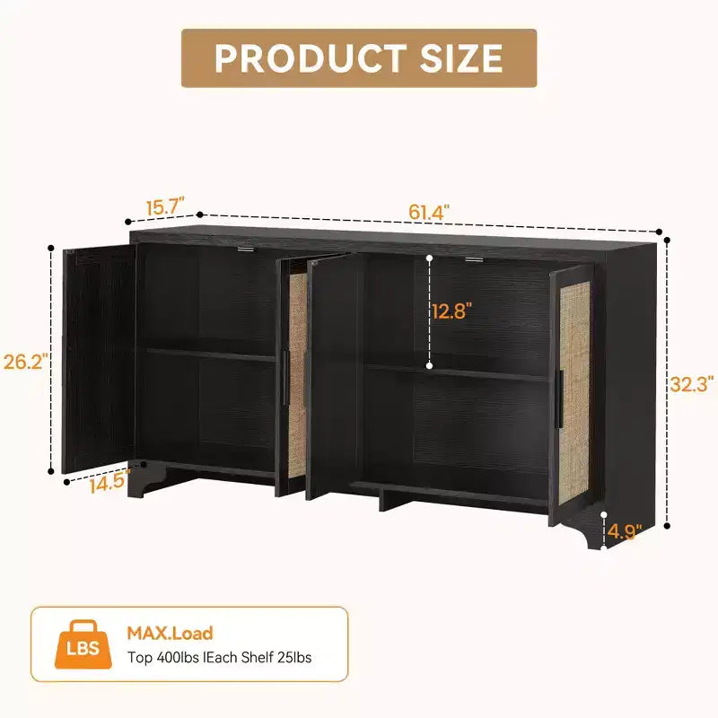 Buffet de rangement en rotin naturel avec étagères, buffet 4 portes, meuble TV bohème, console pour la maison