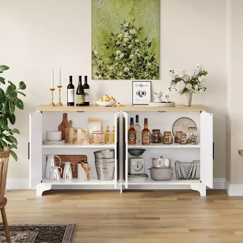 Buffet de rangement en rotin naturel avec étagères, buffet 4 portes, meuble TV bohème, console pour la maison