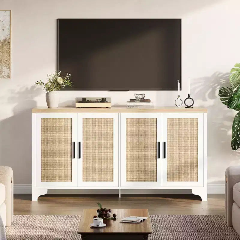 Buffet de rangement en rotin naturel avec étagères, buffet 4 portes, meuble TV bohème, console pour la maison