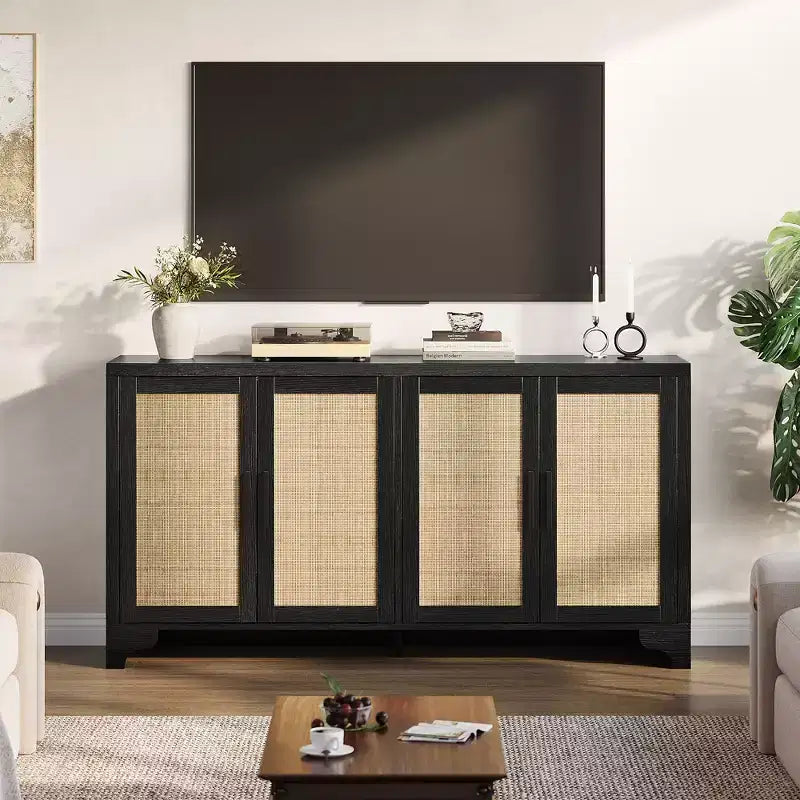 Buffet de rangement en rotin naturel avec étagères, buffet 4 portes, meuble TV bohème, console pour la maison