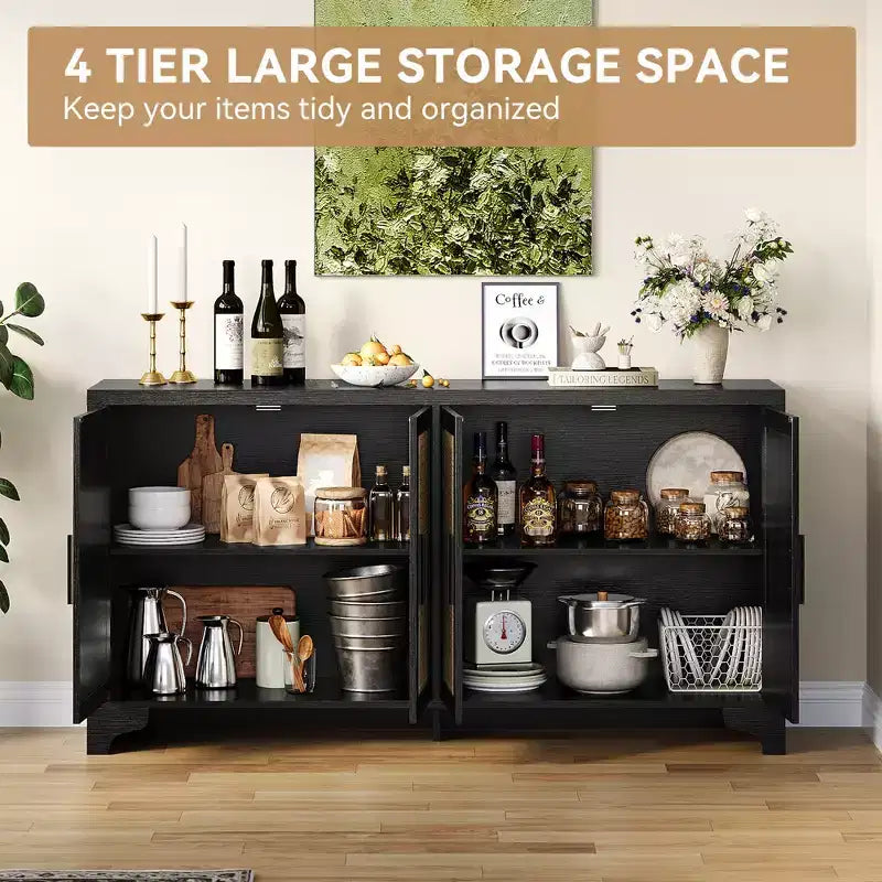 Buffet de rangement en rotin naturel avec étagères, buffet 4 portes, meuble TV bohème, console pour la maison