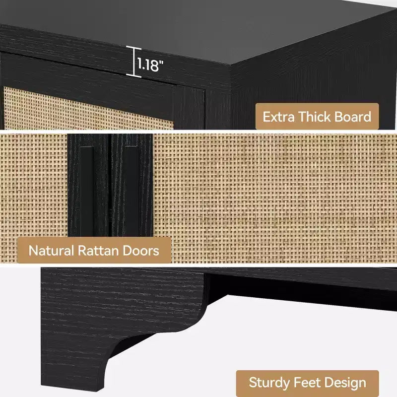 Buffet de rangement en rotin naturel avec étagères, buffet 4 portes, meuble TV bohème, console pour la maison