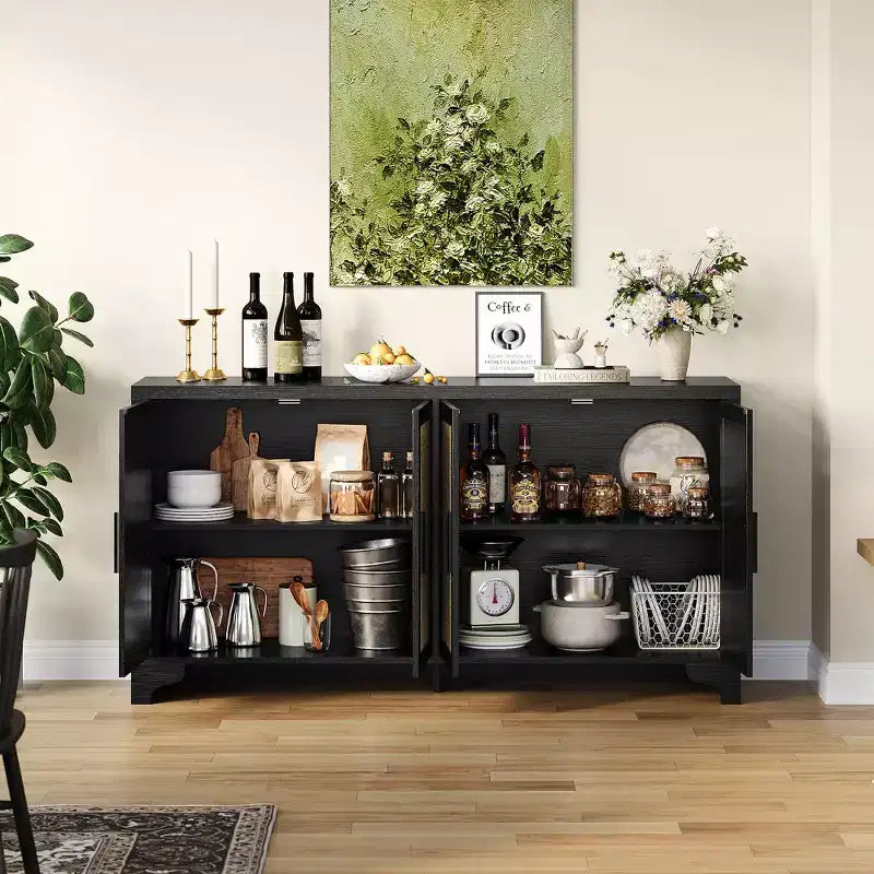 Buffet de rangement en rotin naturel avec étagères, buffet 4 portes, meuble TV bohème, console pour la maison