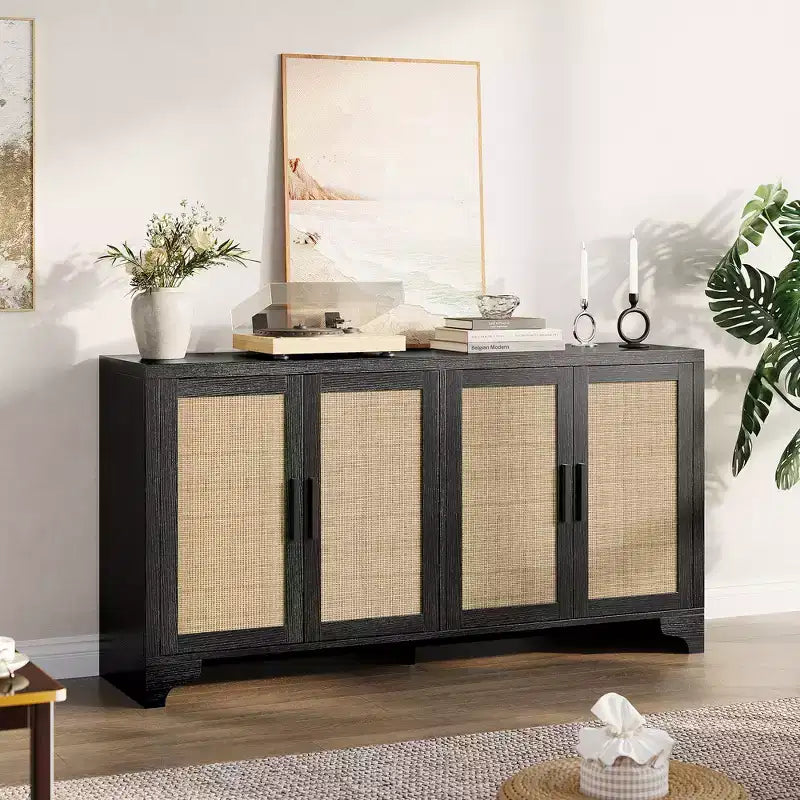 Buffet de rangement en rotin naturel avec étagères, buffet 4 portes, meuble TV bohème, console pour la maison