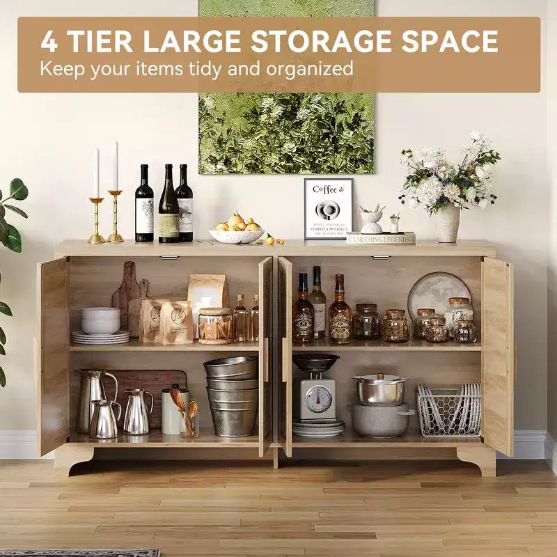 Buffet de rangement en rotin naturel avec étagères, buffet 4 portes, meuble TV bohème, console pour la maison