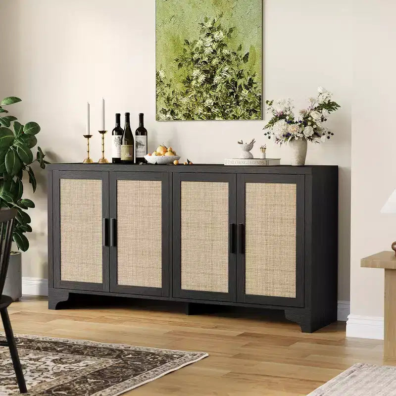 LinTimes Natural Rattan Storage Cabinet with Shelves 4-Door Sideboard Buffet Cabinet Boho TV Stand Console Table for Home