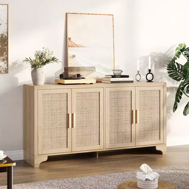 Buffet de rangement en rotin naturel avec étagères, buffet 4 portes, meuble TV bohème, console pour la maison