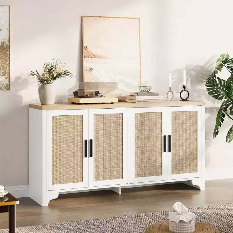 Buffet de rangement en rotin naturel avec étagères, buffet 4 portes, meuble TV bohème, console pour la maison