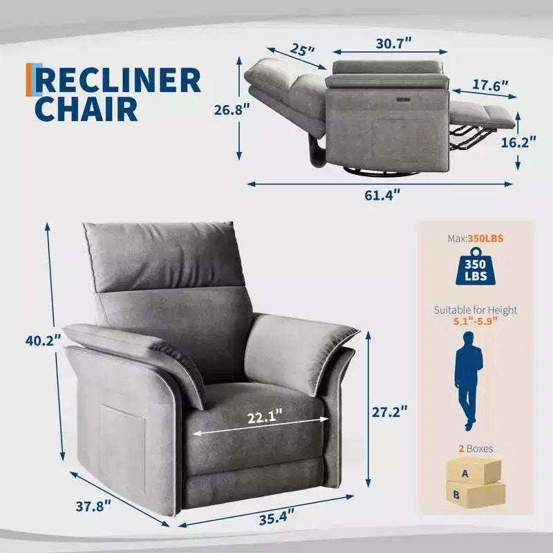 Fauteuil Inclinable Électrique Fauteuil à Bascule Pivotant Moderne à 270° Accoudoirs Doubles Courbés Pour Salon
