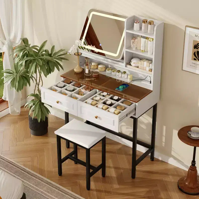 Makeup Vanity Desk Vanity Table Dressing Table with Stool 3 Color Lighted 360 Rotatable Mirror Power Outlet Adjustable Dividers Drawer -ModernLuxe