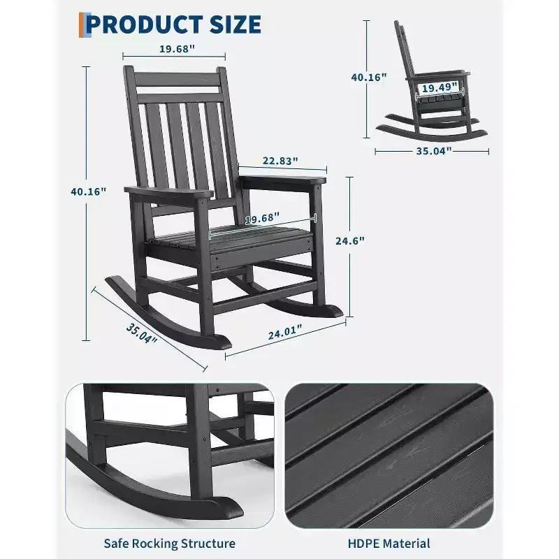 Lot de 2 fauteuils à bascule d'extérieur surdimensionnés en PEHD, bascule de patio robuste avec dossier haut pour véranda, jardin, balcon
