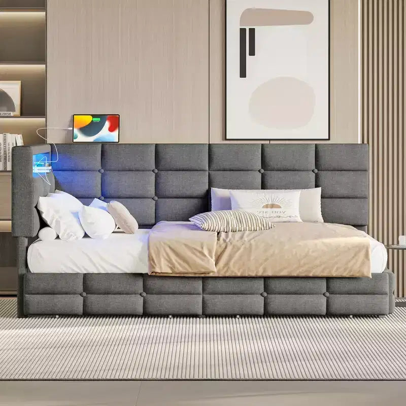 FAMYYT Twin Size Upholstered Daybed With 2 Drawers Charging Station LED Lights and Storage Headboard Easy Assembly