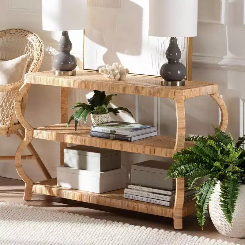Console 3 niveaux en rotin naturel