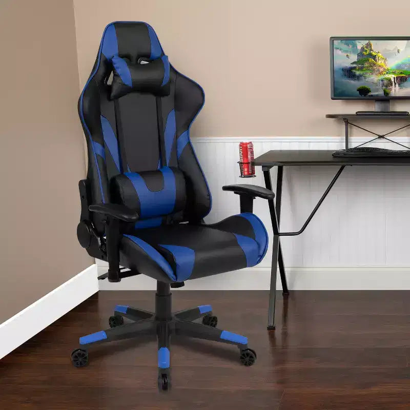 Chaise de jeu ergonomique avec dossier entièrement inclinable en cuir synthétique rouge