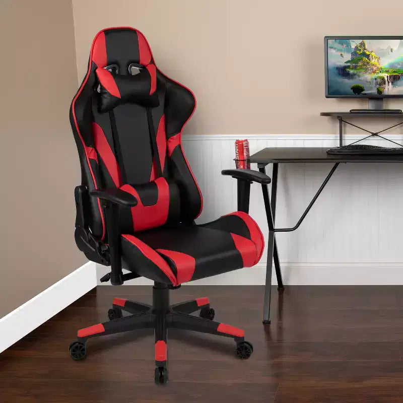 Chaise de jeu ergonomique avec dossier entièrement inclinable en cuir synthétique rouge