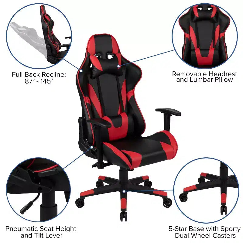 Chaise de jeu ergonomique avec dossier entièrement inclinable en cuir synthétique rouge
