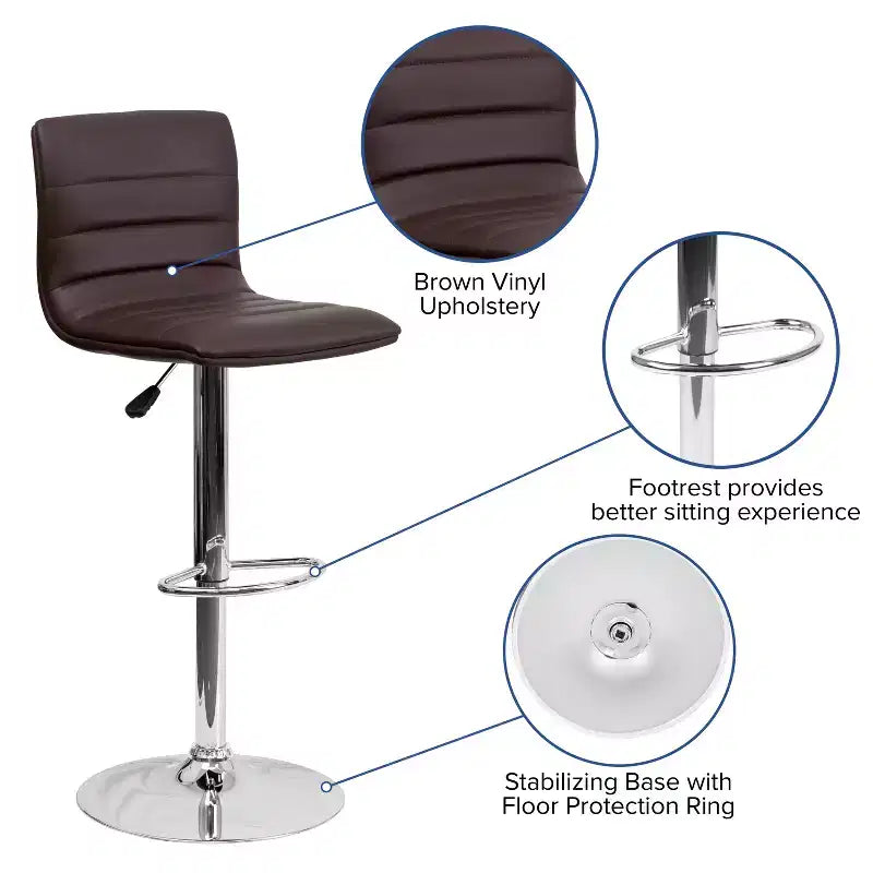 Tabouret de bar moderne en velours capitonné, réglable en hauteur, avec dossier mi-haut et repose-pieds.