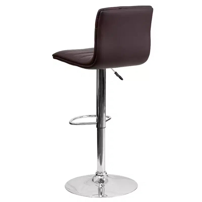 Tabouret de bar moderne en velours capitonné, réglable en hauteur, avec dossier mi-haut et repose-pieds.