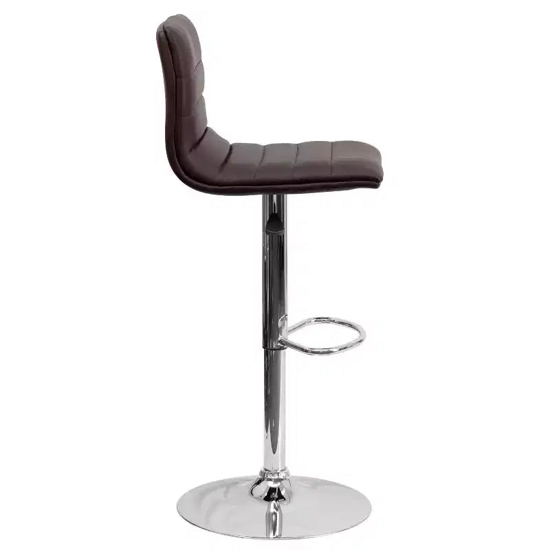 Tabouret de bar moderne en velours capitonné, réglable en hauteur, avec dossier mi-haut et repose-pieds.