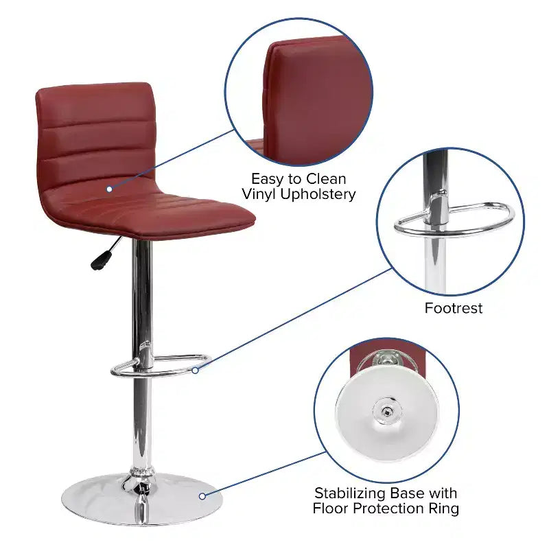 Tabouret de bar moderne en velours capitonné, réglable en hauteur, avec dossier mi-haut et repose-pieds.