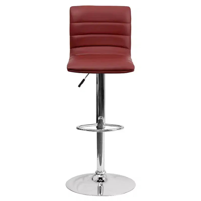 Tabouret de bar moderne en velours capitonné, réglable en hauteur, avec dossier mi-haut et repose-pieds.
