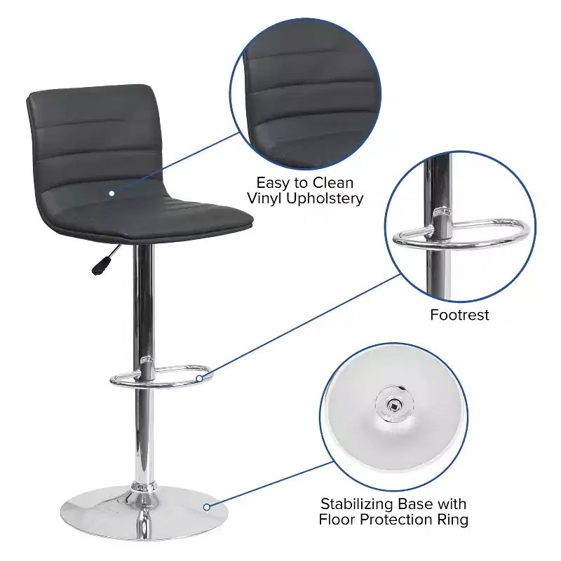 Tabouret de bar moderne en velours capitonné, réglable en hauteur, avec dossier mi-haut et repose-pieds.