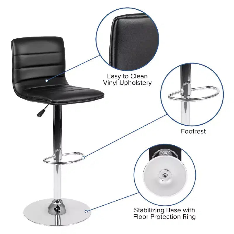 Tabouret de bar moderne en velours capitonné, réglable en hauteur, avec dossier mi-haut et repose-pieds.