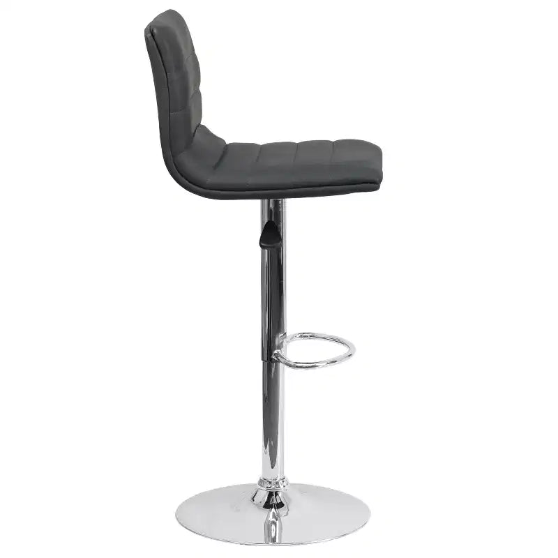 Tabouret de bar moderne en velours capitonné, réglable en hauteur, avec dossier mi-haut et repose-pieds.