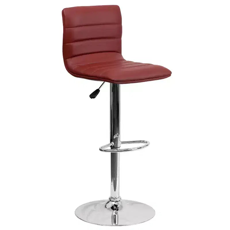 Tabouret de bar moderne en velours capitonné, réglable en hauteur, avec dossier mi-haut et repose-pieds.