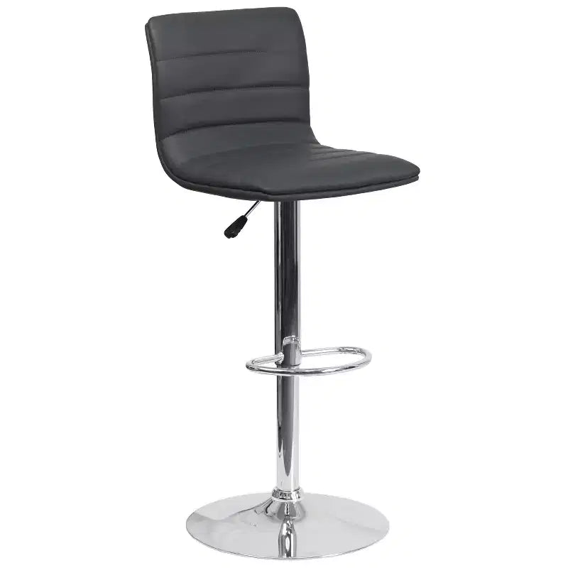 Tabouret de bar moderne en velours capitonné, réglable en hauteur, avec dossier mi-haut et repose-pieds.