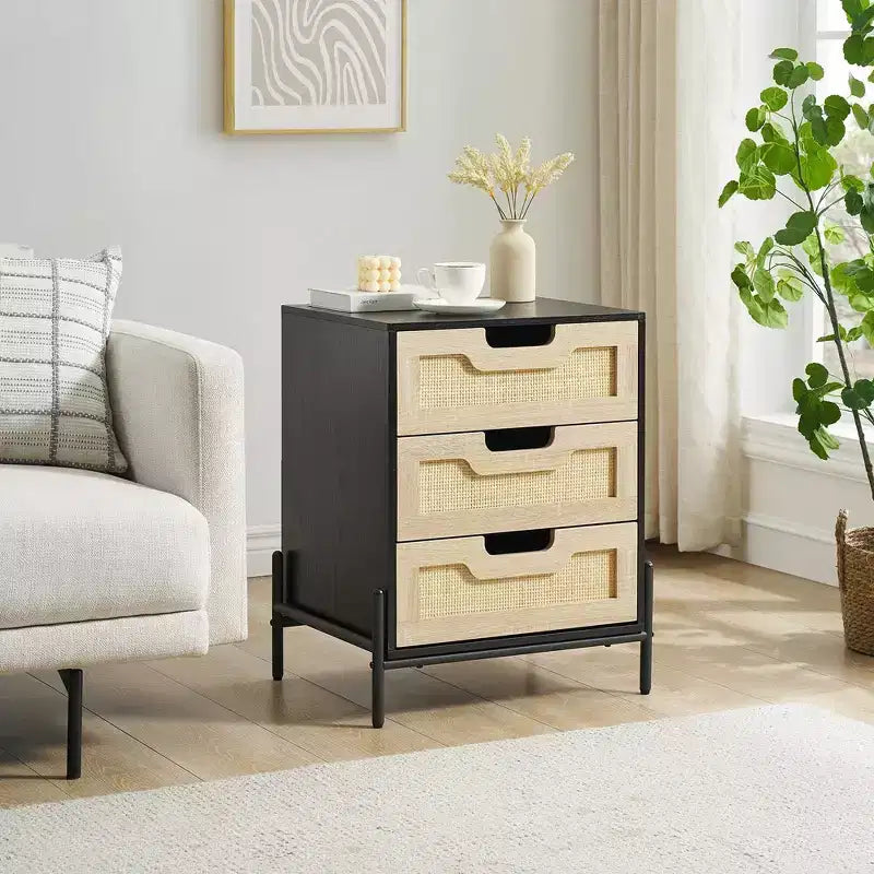 Nightstand Rattan End Table Nightstands with 3 Natural Rattan Drawers 1 or 2 pack