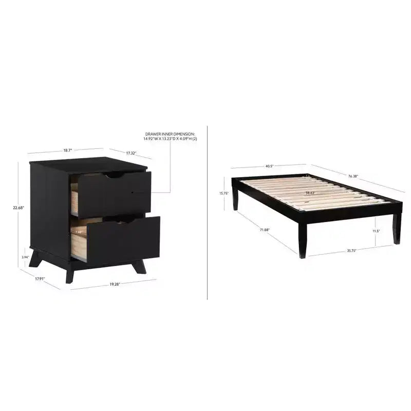 Lit plateforme simple et table de chevet